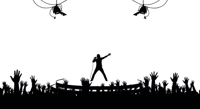 Concert crowd silhouette with performer on stage, helicopters filming live music event, energetic audience, black and white vector illustration
