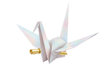 Origami paper crane with golden scroll isolated PNG, traditional folded bird for peace and wishes on transparent background