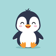 Adorable cartoon penguin with rosy cheeks and happy expression isolated on white background