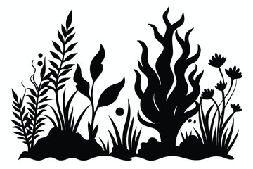Silhouette Illustration of Aquatic Plants and Flowers in a Lush Underwater Scene
