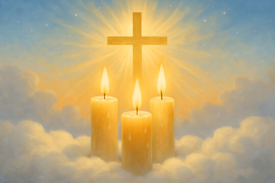 Three glowing ivory candles sit on heavenly clouds with a radiant golden cross shining brightly in the warm sunrise sky above them, all saints' day and all souls' day
