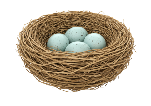 Bird nest with speckled eggs PNG isolated on transparent background, springtime symbol of new life and Easter decoration