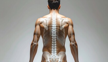 A muscular male back showcases the intricate skeletal structure overlaid in translucent white.