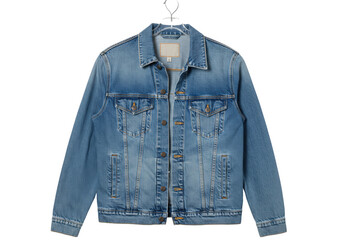 Blue denim jacket isolated on a hanger, casual outerwear for men and women fashion apparel, no...