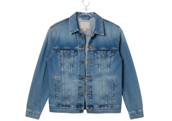 Blue denim jacket isolated on a hanger, casual outerwear for men and women fashion apparel, no background