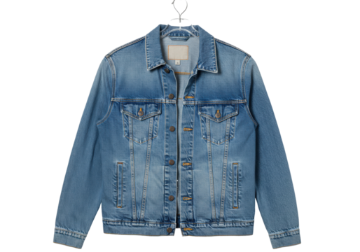 Blue denim jacket isolated on a hanger, casual outerwear for men and women fashion apparel, no background