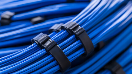 Bundled blue cables secured by black zip ties for organized data transmission, electricity, and networking.