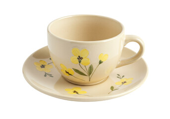 Ceramic teacup and saucer with yellow floral design isolated, vintage style tableware for tea time and kitchen decor