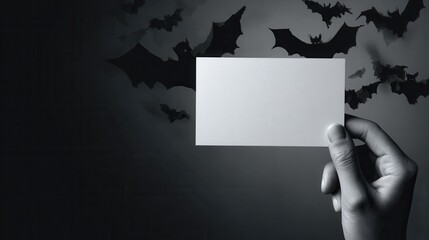 A skeletal hand holds a blank card, while bats hover in the dark background, an eerie, Halloween-themed atmosphere.