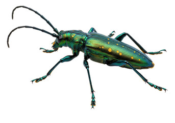 Aromia moschata isolated on transparent background PNG, musk beetle with iridescent green body and yellow spots, insect specimen