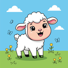Adorable cartoon baby sheep with fluffy wool and happy expression isolated on white background