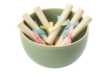 Ceramic bowl filled with rolled parchment scrolls tied with pastel ribbons isolated, graduation announcements or party favors