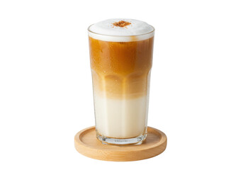 Iced latte with foam and brown sugar isolated on wooden coaster, refreshing coffee drink for cafe menu and social media
