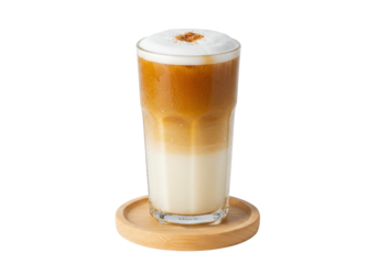 Iced latte with foam and brown sugar isolated on wooden coaster, refreshing coffee drink for cafe menu and social media