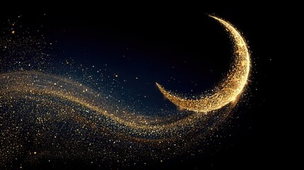 Crescent Moon and Stars Night Sky with Golden Glitter.