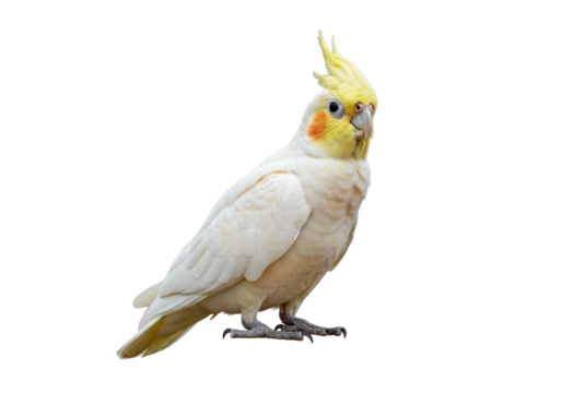 Beautiful cockatiel PNG isolated on transparent background, charming pet bird with yellow crest and gray feathers for design projects