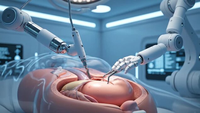 Robotic surgery being performed on a human abdomen with a laparoscopic technique in a modern operating room with blue lighting.