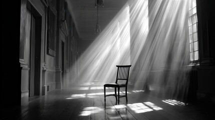Dramatic Monochrome Hallway with Sunlight Rays and Antique Chair.