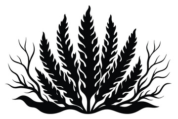 Silhouette Graphic of Spiky Fronds and Delicate Twigs in Dark Black Ink Style