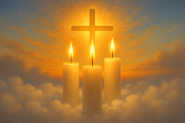 Three glowing candles and radiant cross in ethereal sky of clouds all saints' day and all souls' day