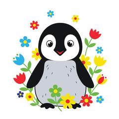 Cute cartoon penguin surrounded by colorful spring flowers isolated on white background