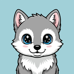 Adorable cartoon wolf cub with big blue starry eyes smiling happily isolated on white background