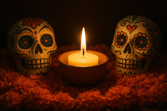 Decorative sugar skulls flanking a lit candle in a bowl surrounded by orange marigold flowers all saints' day and all souls' day