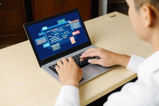Software development or programming work with coding screen of various programming languages like HTML, , , and C brisk for new application development