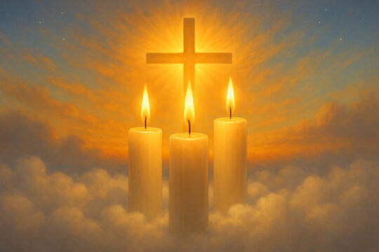 Three glowing candles and radiant cross in ethereal sky of clouds all saints' day and all souls' day