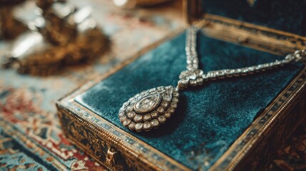 Elegant diamond necklace display jewelry box product photography luxurious setting close-up view timeless beauty.