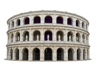 Colosseum in Rome isolated on transparent background, ancient Roman amphitheater with arches and statues for travel and historical concepts