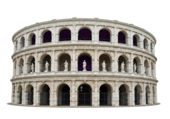 Colosseum in Rome isolated on transparent background, ancient Roman amphitheater with arches and statues for travel and historical concepts