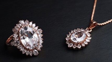 Elegant Rose Gold Ring and Pendant Set on Black Background.