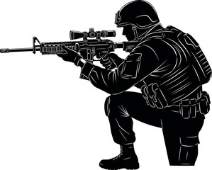 Silhouette of tactical soldier kneeling with rifle, military gear, helmet, scope, combat pose, black and white vector illustration