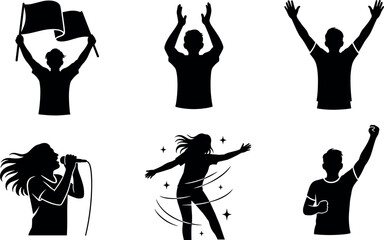 Silhouette people celebrating, dancing, singing, cheering, clapping, performing with flags and energy in dynamic expressive poses on white background