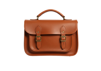 Brown leather satchel bag isolated, classic style school bag with handle and buckle closure for fashion accessory and everyday use