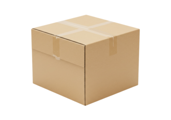 Cardboard box with tape isolated on transparent background, brown cube package for shipping and storage