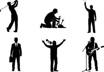 Silhouette vector set of people performing music, business, sports, celebration, repair, and lifestyle activities for commercial design use