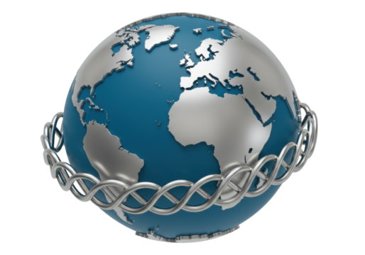 3D globe with continents and twisted metal ring isolated, world map model on transparent background, global connection concept