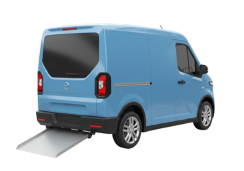 Light blue delivery van with ramp isolated, commercial vehicle for transportation and logistics in PNG format