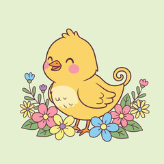Adorable cartoon yellow chick surrounded by colorful spring flowers isolated on white background