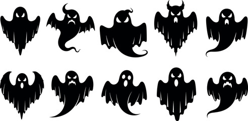 Spooky black ghost silhouettes with creepy expressions, perfect for Halloween design, horror themes, haunted decorations, and supernatural vector illustrations
