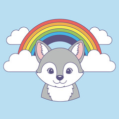 Cute cartoon wolf with rainbow and clouds isolated on white background