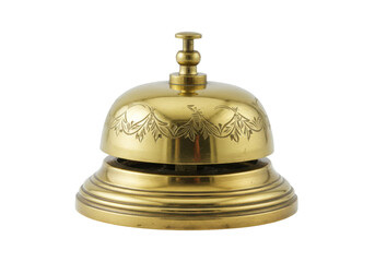 Ornate brass service bell isolated on transparent background, vintage hotel reception call bell for assistance and customer service