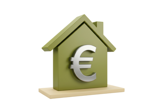Green house with euro symbol isolated on transparent background, real estate investment and property value concept PNG