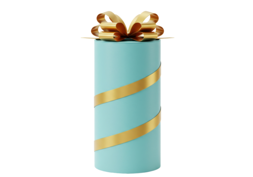 Elegant turquoise gift box with golden ribbon and bow isolated, cylindrical present for special occasions on transparent background PNG