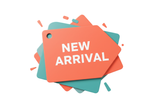 Trendy coral and teal new arrival tag isolated PNG, modern promotion badge for marketing and advertising