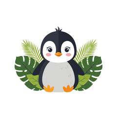 Adorable cartoon penguin with tropical leaves isolated on white background