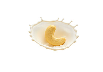 Cashew nut splashing in milk PNG isolated on transparent background, healthy snack for vegan and vegetarian diets