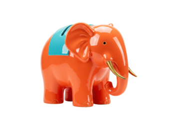 Orange elephant coin bank isolated on transparent background, ceramic piggy bank for kids room decor and financial savings
